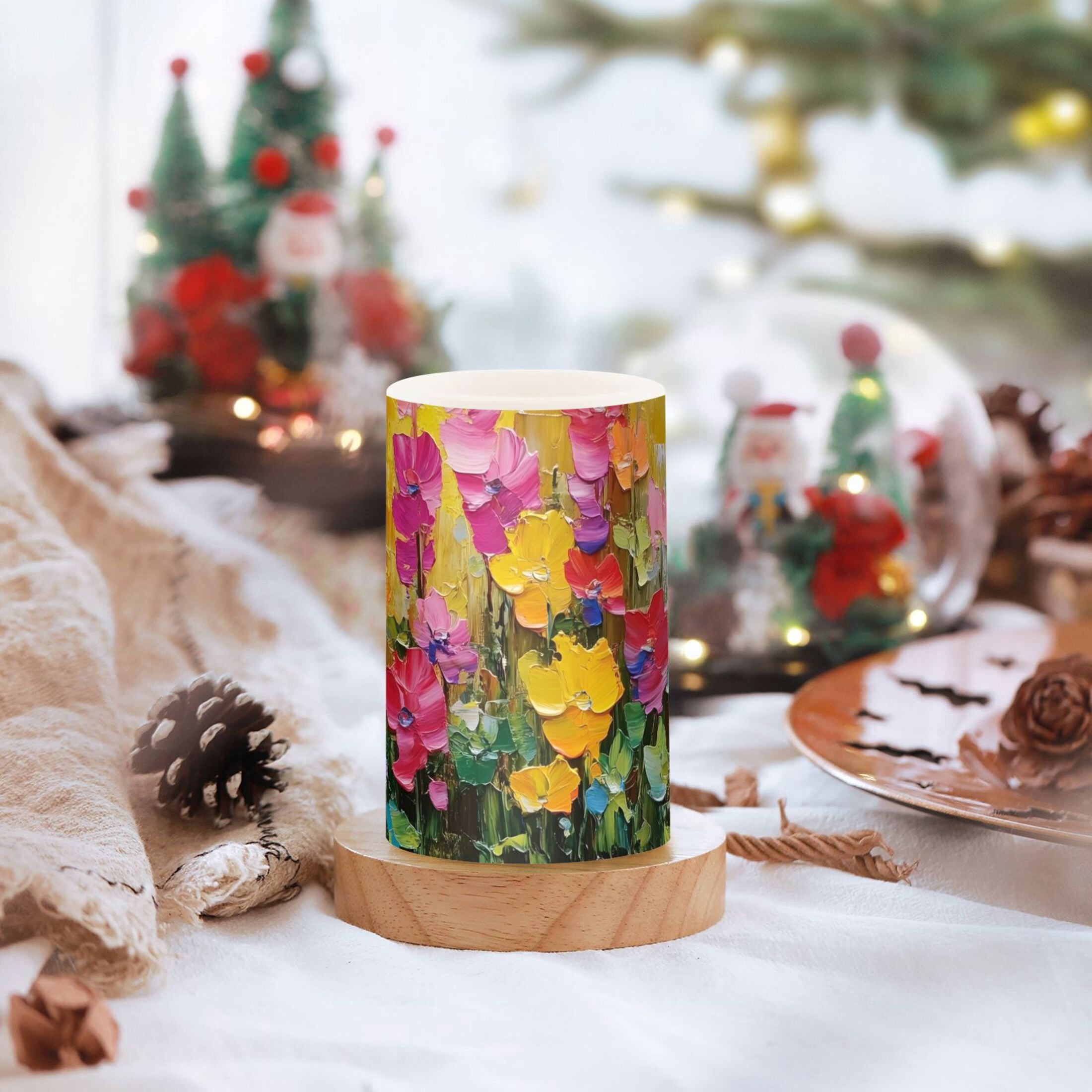 Spring Flowers in Bloom Flickering Flameless Candles Battery Operated with Remote Timer LED Pillar Candles Set of 2