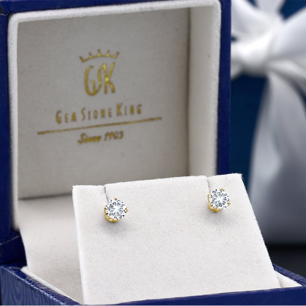 Gem Stone King 14K Yellow Gold White Moissanite Stud Earrings for Women Men | 0.46 Cttw | Round 4MM