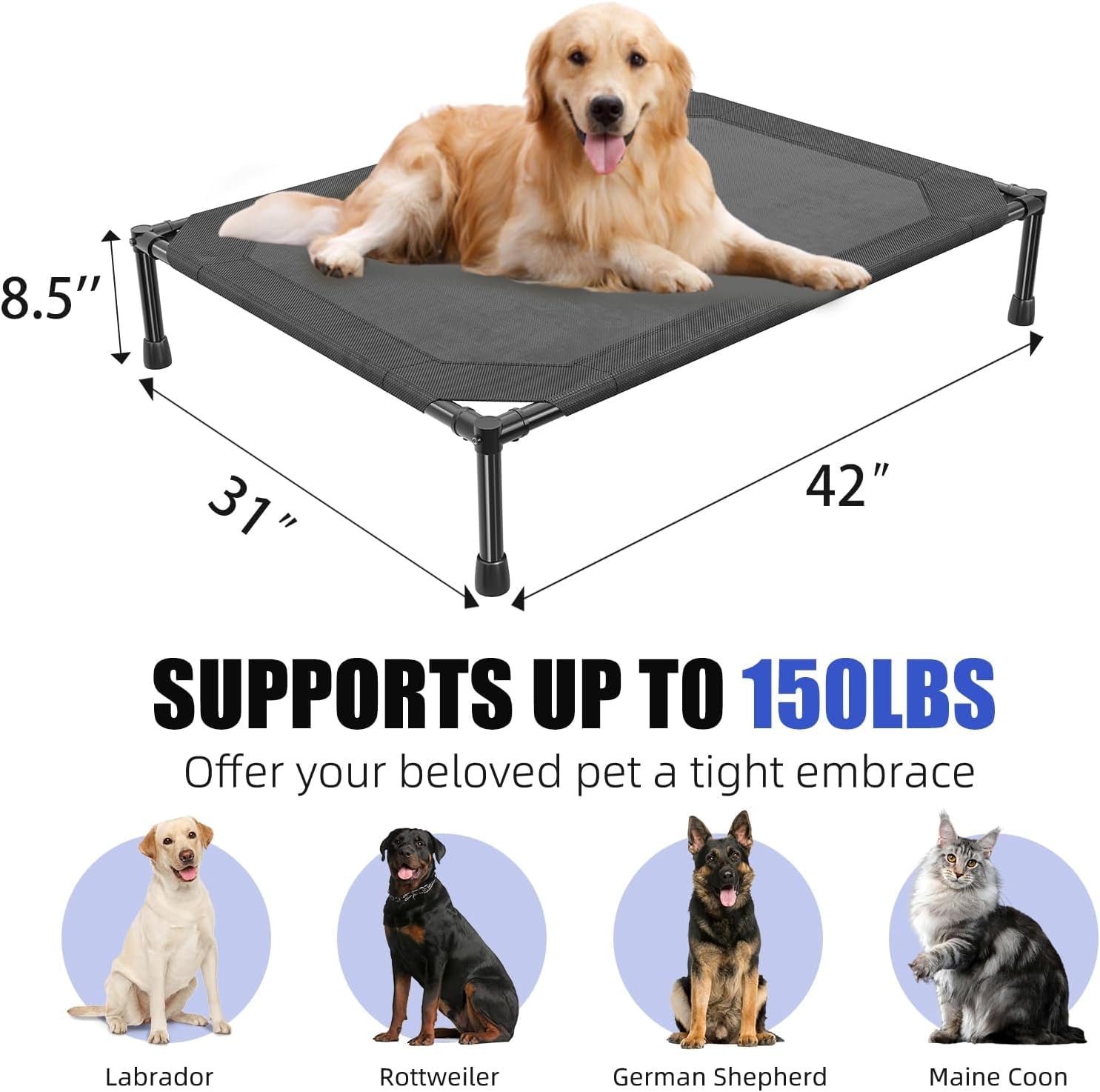 General Elevated Dog Bed for Large Dogs, Waterproof Raised Dog Cot with Washable Mesh, Cooling Breathable Pet Bed for Outdoor, 42" x 31", Black