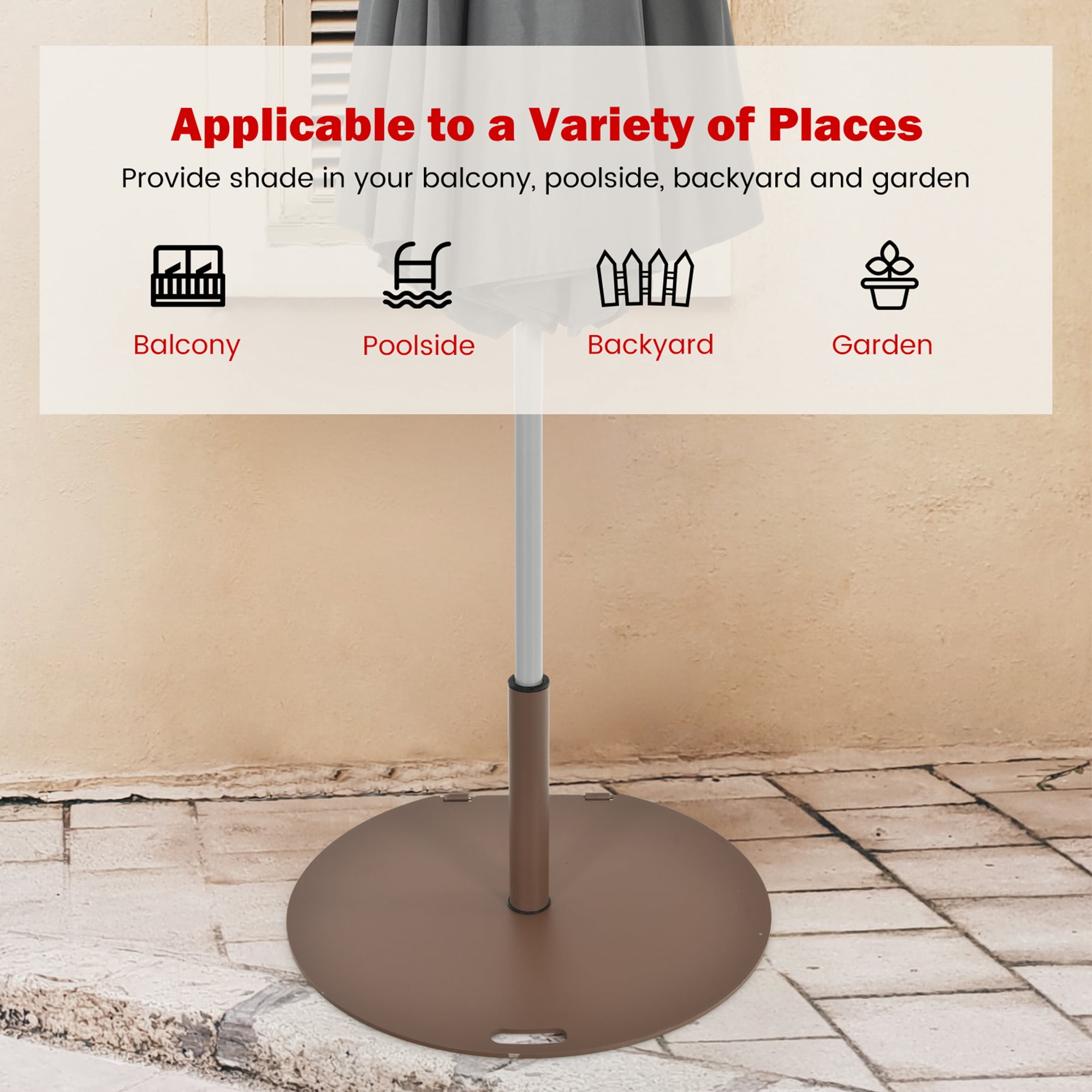 Gymax Round Weighted Patio Umbrella Base Stand 50 lbs w/ 3 Adapters Brown