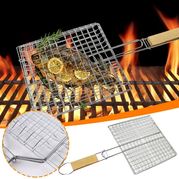 HaoXun Stainless Steel Square Grill Basket for Outdoor Camping BBQ - Portable Heat-Resistant Grill with Wooden Handle, Perfect for Fish, Meat, Vegetables