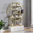 thumbnail image 2 of PORKISS 5 Tiers Open Shelf Bookcase Bookshelf, Modern Display Shelf with 2 Drawers, Freestanding Etagere Bookcase with Gold Frame, Round Tall Bookshelf for Office, Golden/White, 2 of 12