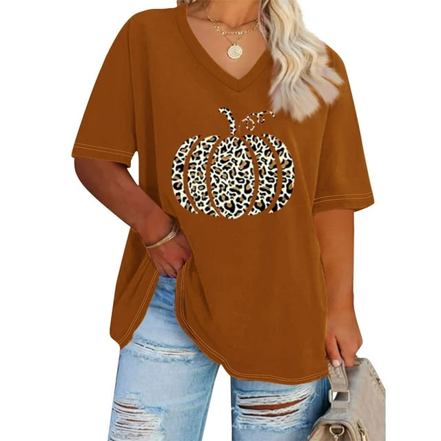 Puntoco Camiseta básica de verano de color liso con mangas cortas y cuello en V grande con diseño de calabaza de Acción de Gracias para mujer