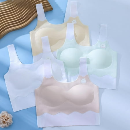 4 PCS Girls Bras Silky Seamless Bra Cute Printed Padded Sports Bra Longline Summer Cooling Cami Bralette  Multi-Pack  L