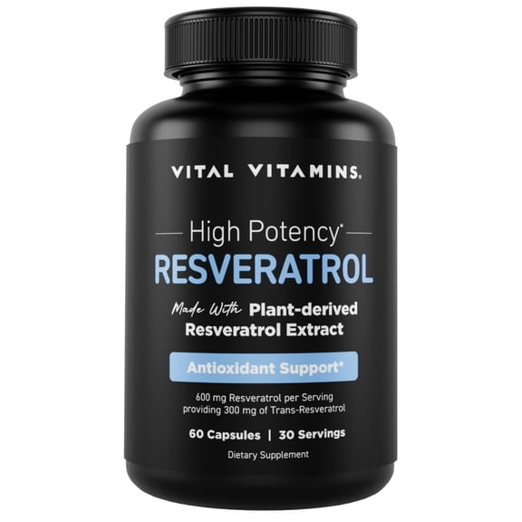 Vital Vitamins Resveratrol Supplement - Antioxidant Support, Cellular Longevity, Cognitive Function - 60 Capsules