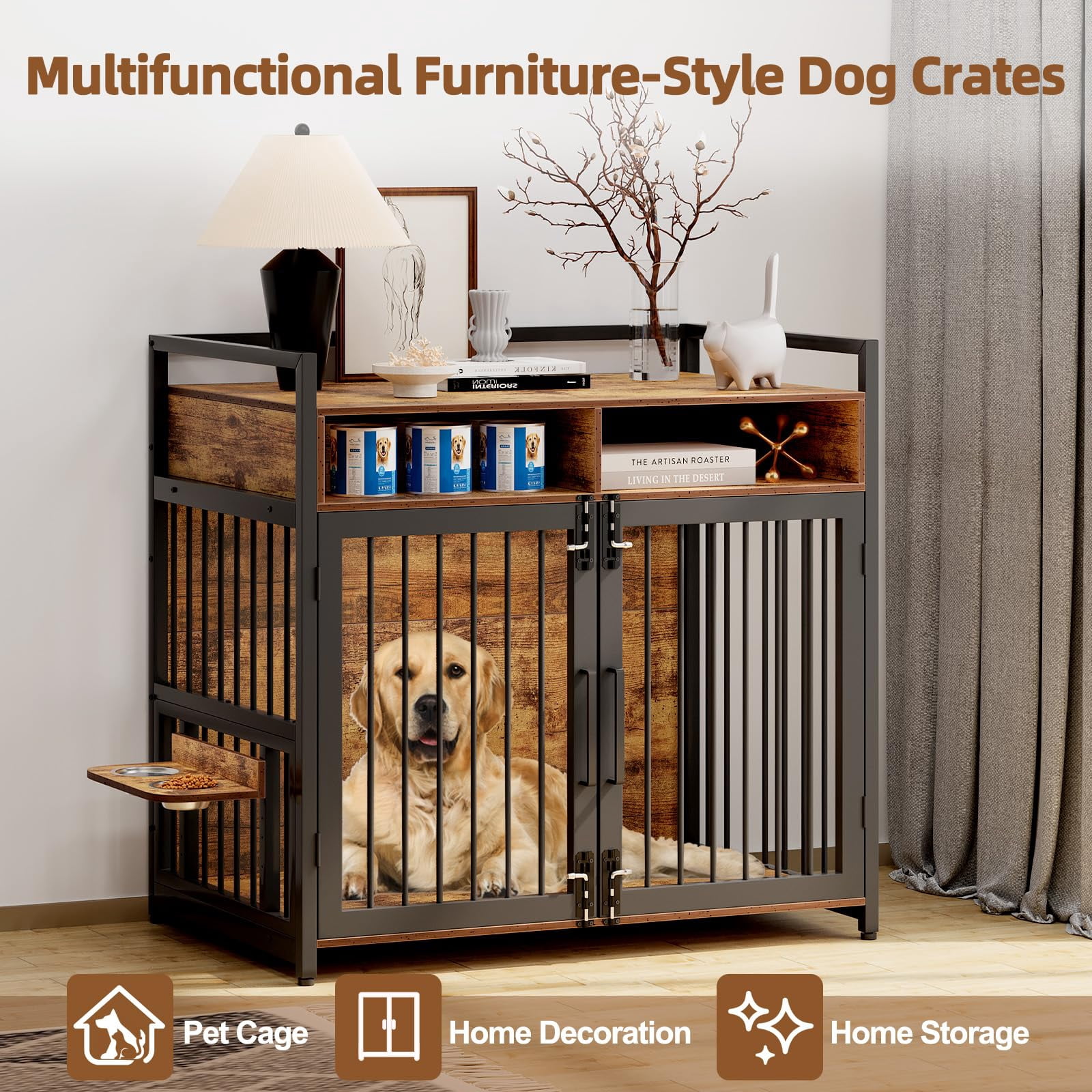 Aoile Large Dog Crate Furniture with 2 Storage Shelves, 41/48" Wooden Indoor Pet Cage, Stylish and Durable for Medium Dogs, Easy Assembly