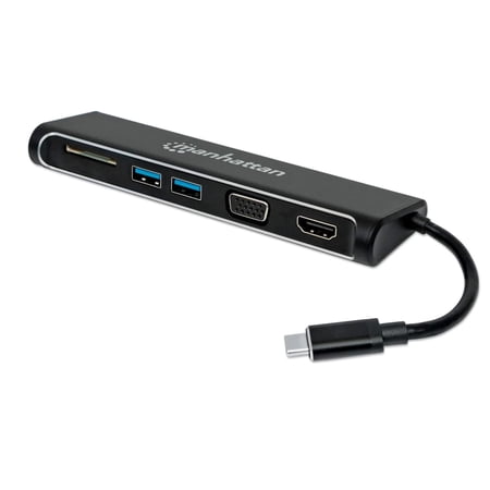 UPC: 0766623152631 | Manhattan SuperSpeed USB-C to HDMI/VGA 4-in-1 Docking Converter – Two-Port USB 3.0 Hub and SD Card Reader  Aluminum  Black