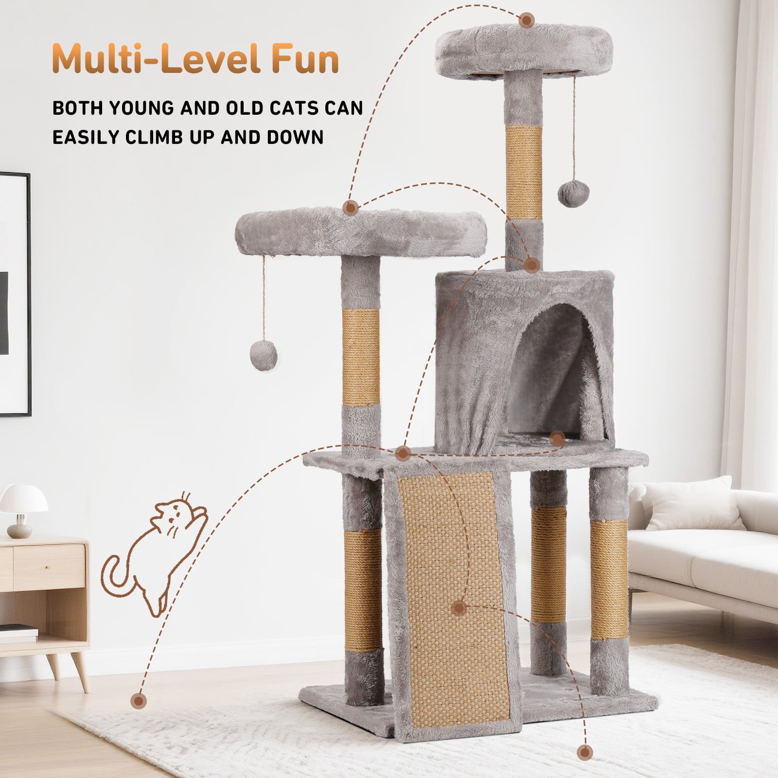 ZephyPaws 46in Cat Tree for Indoor Cats,Cat Tower with Scratching Post,Ramp,Perch,Cat Condo for Kittens,Elderly Cats,Light Gray