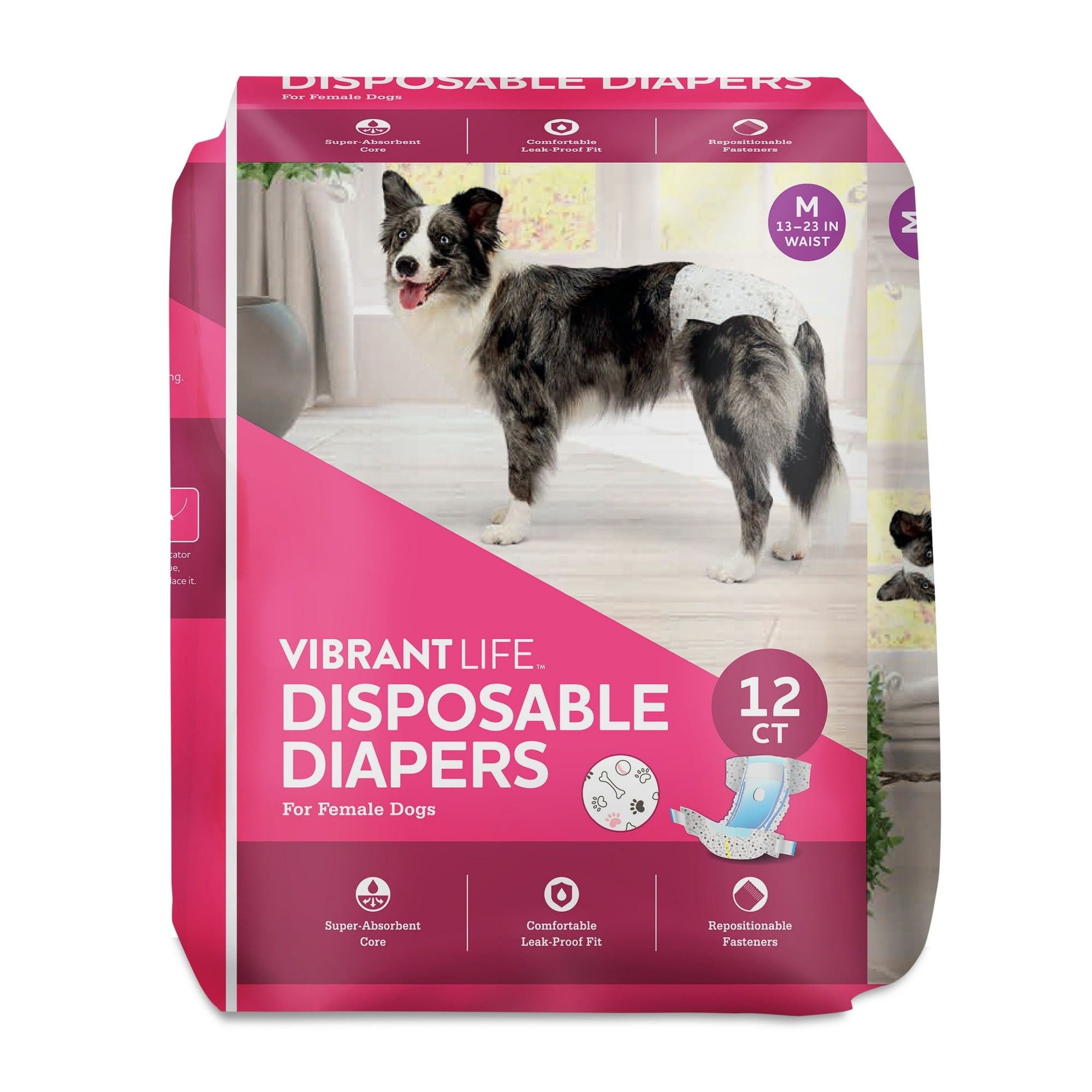 Vibrant Life Disposable Dog Diapers for Female Dogs, Medium, 12 Count