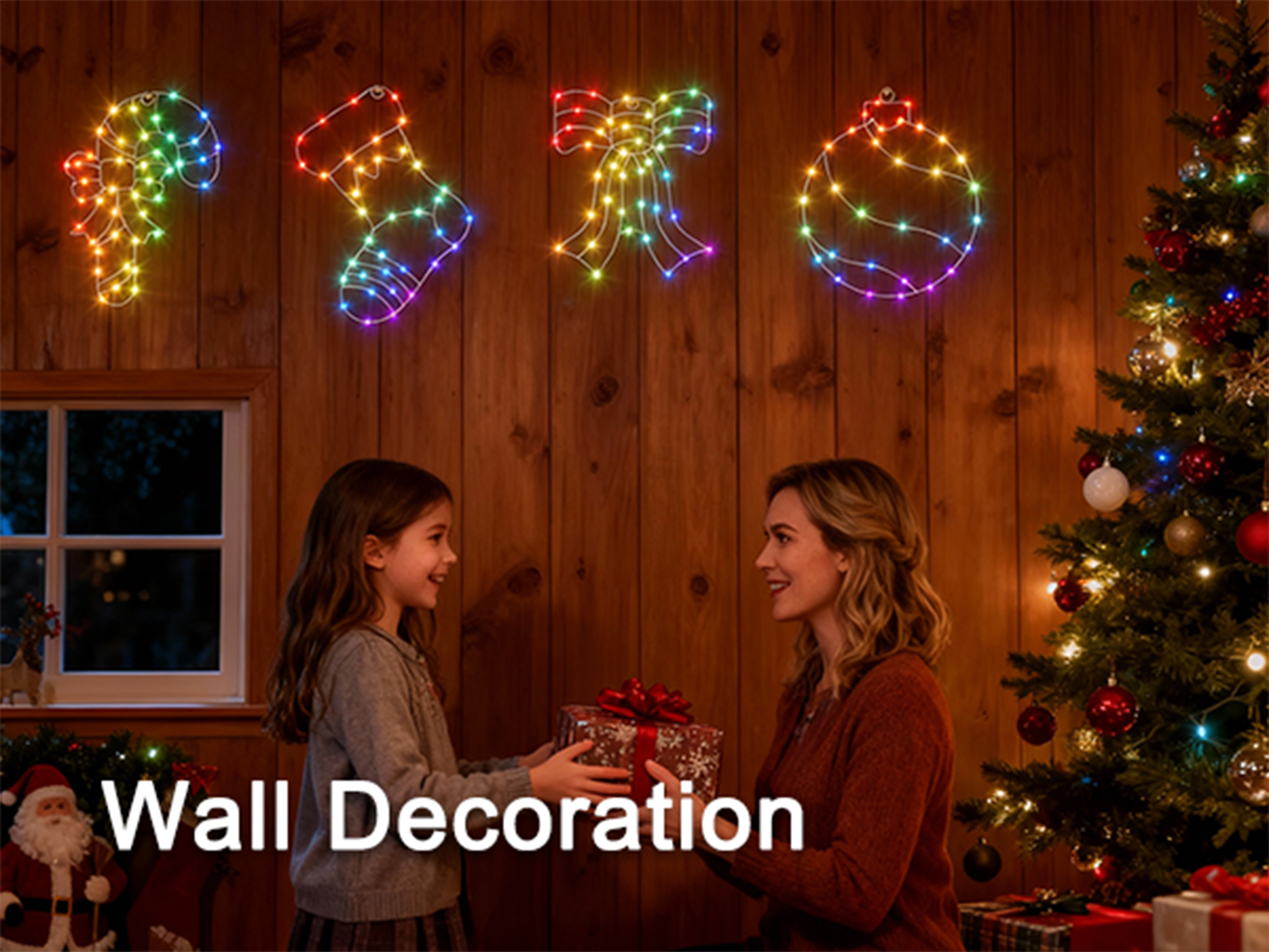 Beatineon Christmas Window Silhouette Lights, APP Controlled RGB Indoor Motif Lights with 4 Festive Designs(Ball,Socks,Crane,Bow), Remote, Timer & Music Sync for Holiday Home Decor