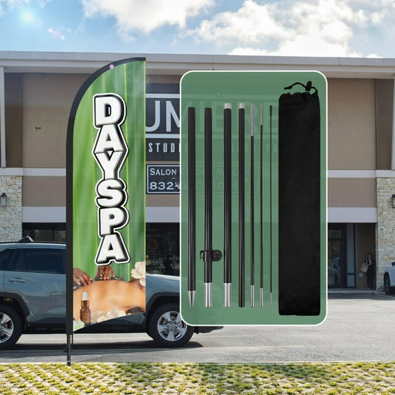 QSUM Dayspa Swooper Flag and Pole Kit and Ground Spike, 8.2 FT Spa Windless Feather Flag Business Advertising Sign for Dayspa Store Sales