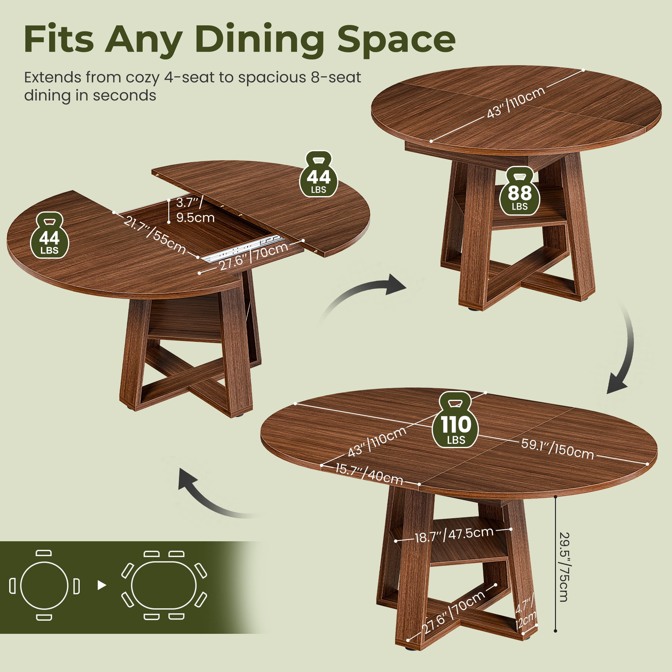 EDX 43.3″–59″ Extendable Round Dining Table for 4-8, Modern Oval Dining Table with Removable Leaves, Wooden Kitchen Table with Storage Shelf Base, Space Saving for Kitchen Living Room, Walnut