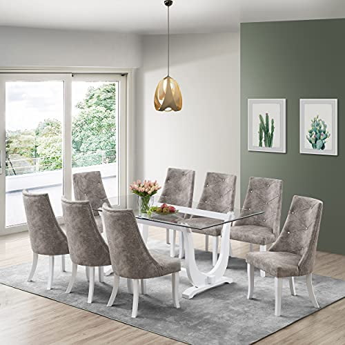 Kings Brand Furniture - Elmer 9 Piece Glass Top Dining Set, Table & 8 Chairs, White/Gray