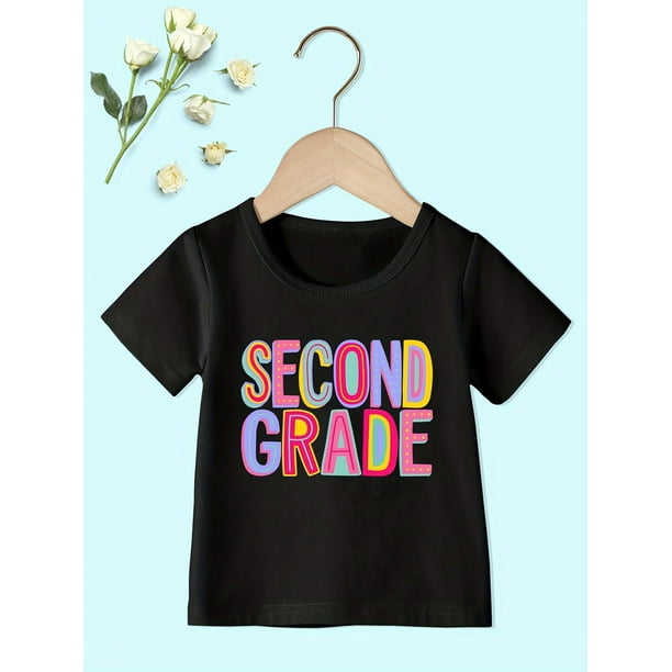 SECOND GRADE Print Cotton Crew Neck Short Sleeve T-Shirt For Girls, Casual Summer Tee, Breathable & Lightweight Top