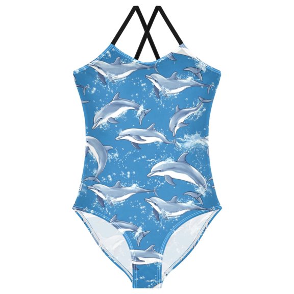 Girls Cute Dolphins Print One Piece Swimsuit, Cross Back Spaghetti Strap Bathing Suit for Kids Summer Beach Pool Swimwear 7-8T