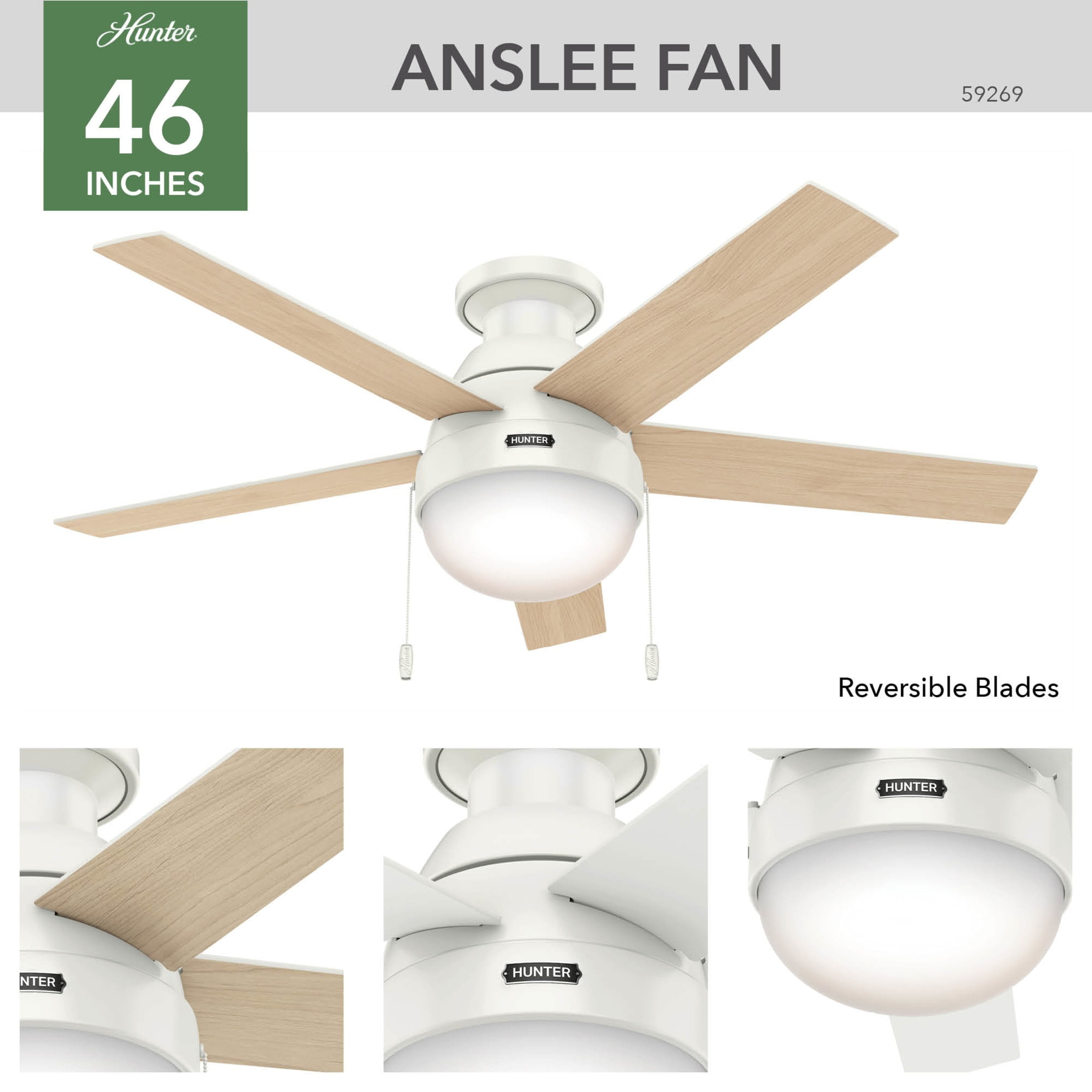 Hunter - Anslee Indoor Low Profile Ceiling Fan With Light, 46-inch, Fresh White, Modern-style, 3-speed WhisperWind Motor, 59269, for Living Rooms, Bedrooms