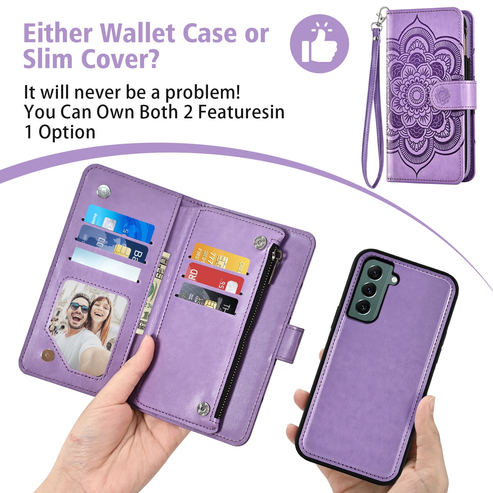 Phone Case for Samsung Galaxy S22 Plus S22+ 5G Zipper Wallet Magnetic Detachable Cell Cover with Tempered Glass Screen Protector Crossbody Strap Flower Card Holder Slot S22 S22plus S 22+ Women Purple