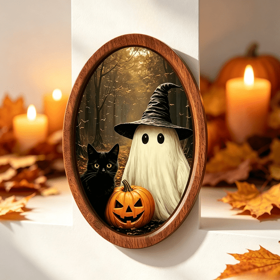 Kfuirde Vintage Style Halloween Framed Wooden Print, Ghost Themed Wall Art Decor, Hanging Picture for Living Room, Bedroom & Home Spaces, Spooky Gothic Art