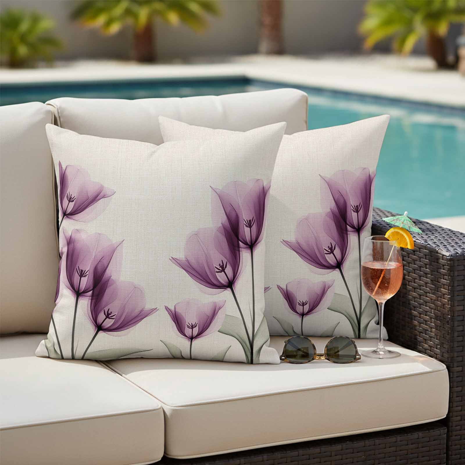 Spring Floral Pillow Covers 2 Pack Watercolor Flowers Purple Tulip Linen Texture Pillowcase Waterproof Outdoor Throw Pillow Cover for Patio Garden Square Cushion 24”x24”