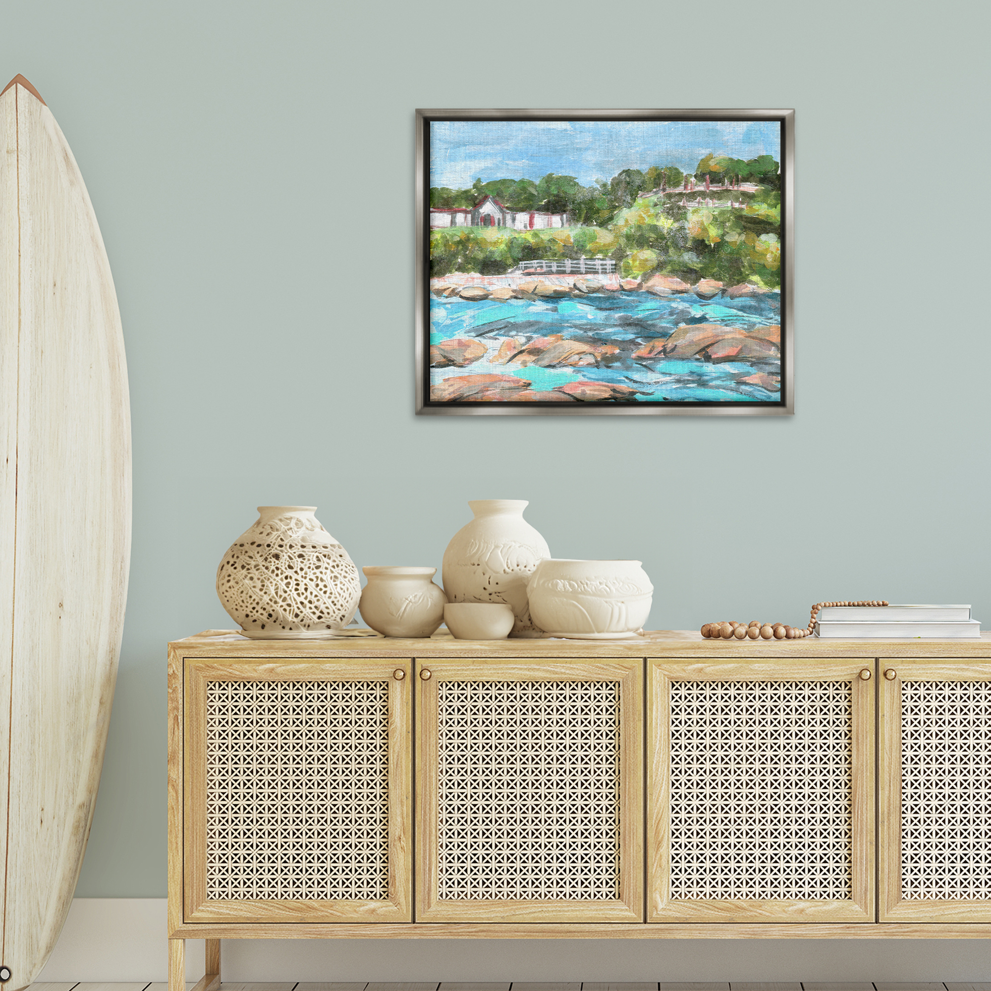 Stupell Industries Rocky Nautical Landscape Landscape Painting Gray Floater Framed Canvas Art Print Wall Art, 31 x 25