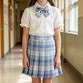 thumbnail image 2 of Coerni Girls Preppy Outfit 3PC Set Puff Sleeve Collared Shirt with Bowtie & Plaid Pleated Skirt School Uniform Clothes for 3-14Y Kids, 2 of 5