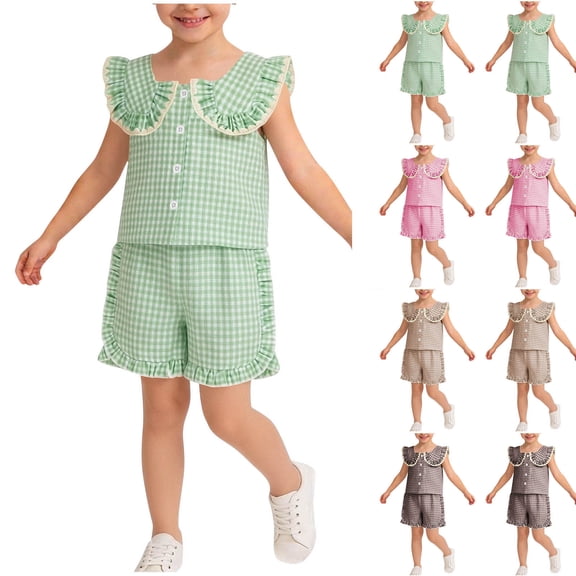 Umfun Baby Girls 2 Piece Outfits Gingham Ruffle Collar Top Shorts Set Cute Casual Wear