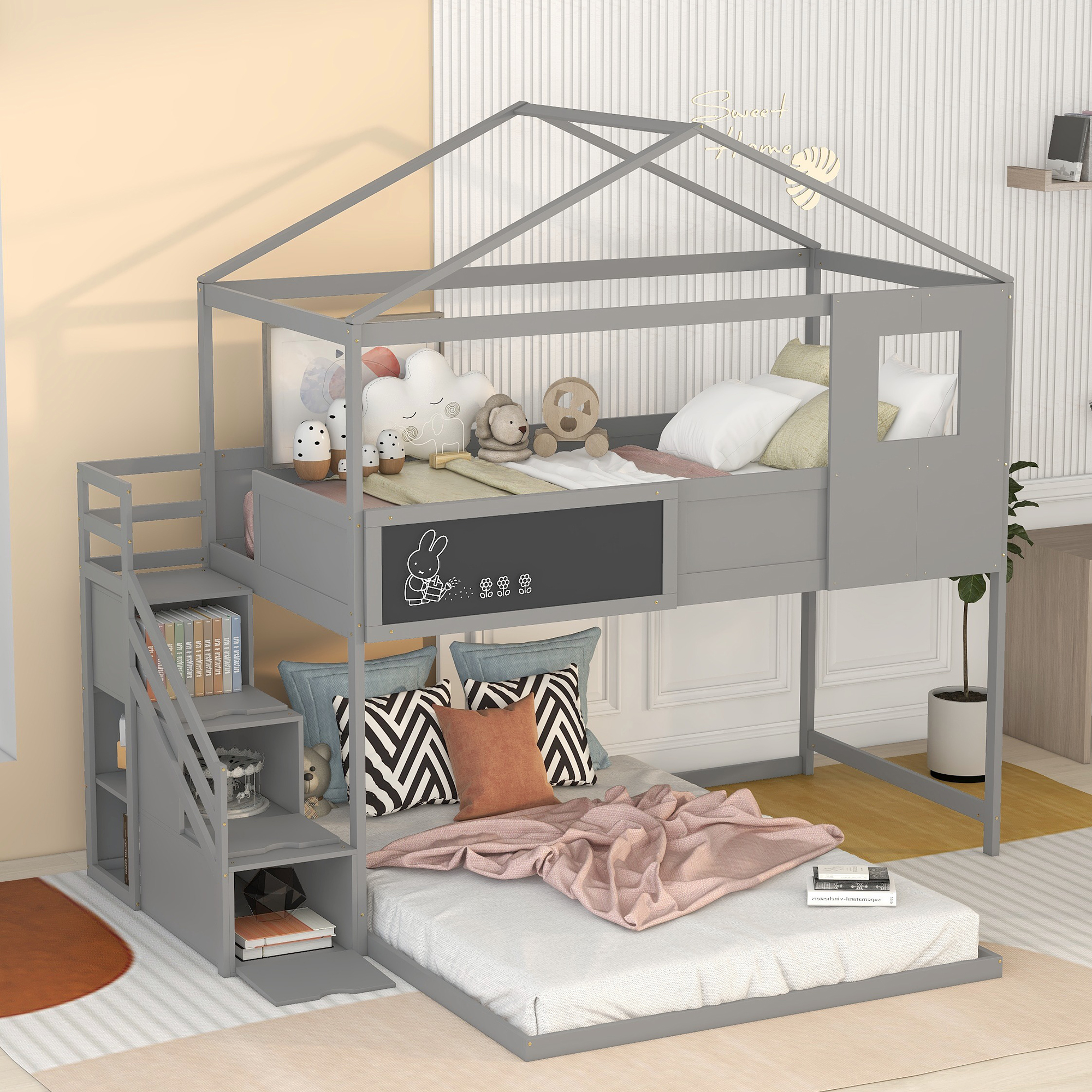 Bellemave Twin Over Full Bunk Bed with Stairs, Kids House Bunk Beds