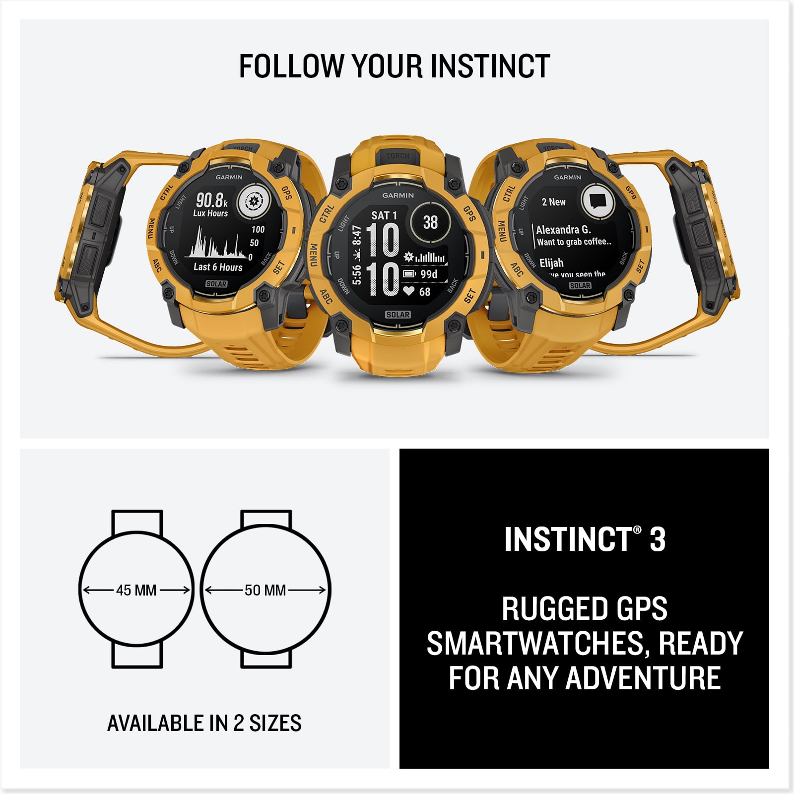 Garmin Instinct 3 - 45 mm, Solar, Rugged Outdoor GPS Smartwatch, Built-in Flashlight, Alpine Rush Collection Limited Edition Color, Sunburst Bundle With Cleaning Cloth + Wireless EarBuds + More