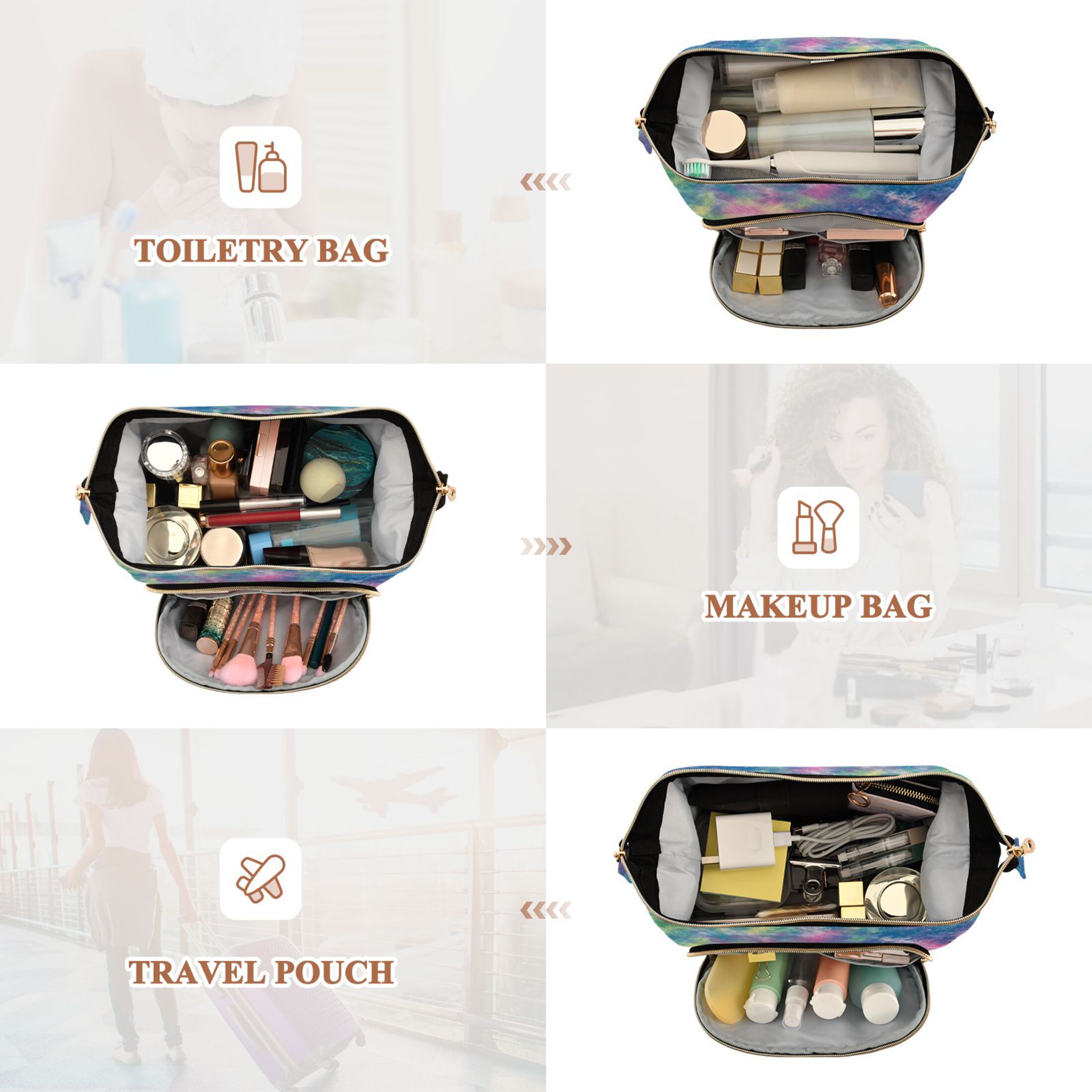 Wavy Quilted Cosmetic Bag Large-Capacity Travel Toiletry Organizer Includes 9-Piece Portable Travel Bottle Set Green Pink Blue Tie-dye