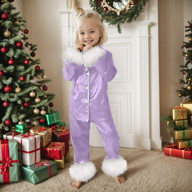 Children Satin Pajamas Set Fuzzy Trim Button Down Sleep Shirt Top Pant 2PCS Set Christmas Pjs for Toddler 14 Years