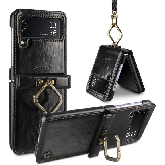 Case for Samsung Galaxy Z Flip 3 with Wrist Strap, Luxury Soft PU Leather Hard PC Shell for Women Men Ultra Thin Slim Durable Shockproof Protective Cover for Galaxy Z Flip 3 5G Black