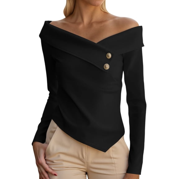 Long Sleeve Shirts for Women Elegant Off Shoulder Blouse Basic Solid Color Tops with Irregular Edges
