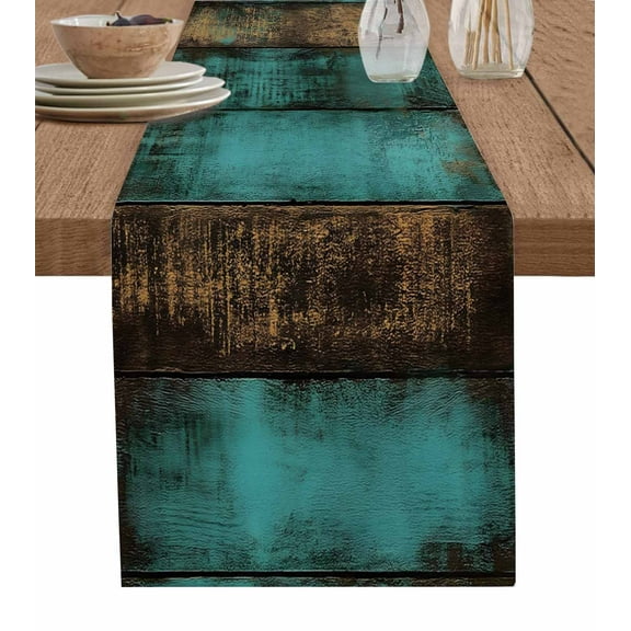 Vintage Teal Stripe Burlap Cotton Table Runner 13x108 Inches Long, Farmhouse Shabby Turquoise Farmhouse Table Runners, Outdoor Dining Tablecloths Decor for Baby Shower/Party/Wedding