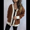 thumbnail image 4 of Suéter de Punto Acanalado con Cuello en V Extragrande y Botones en Contraste para Mujer Marrón L, 4 of 9