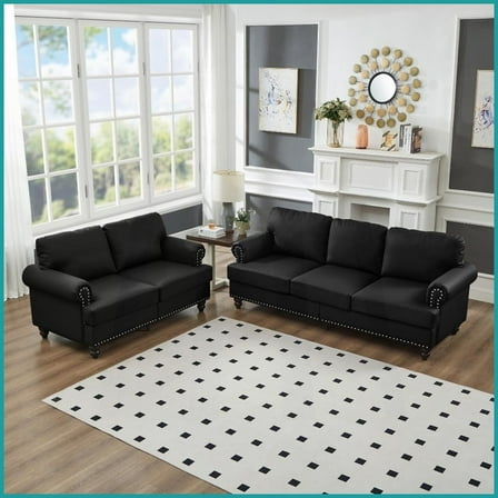 Modern Classic 2 3 Seater Faux Leather Loveseat & Sofa Set with Storage, Black Upholstery for Living Room