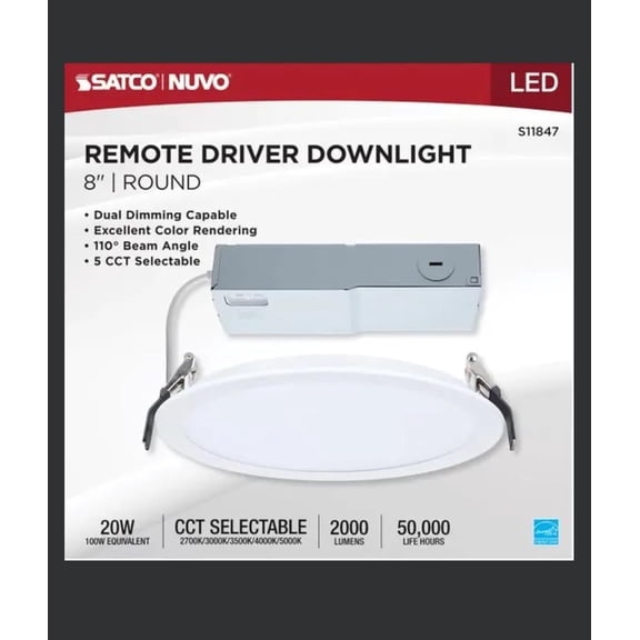 Satco S11847 20W 8-Inch LED Downlight CCT Selectable 2700K–5000K 2000 Lumens Dual Dimming 120–277V Flat Face Round White IC Air Tight Energy Star Wet Rated