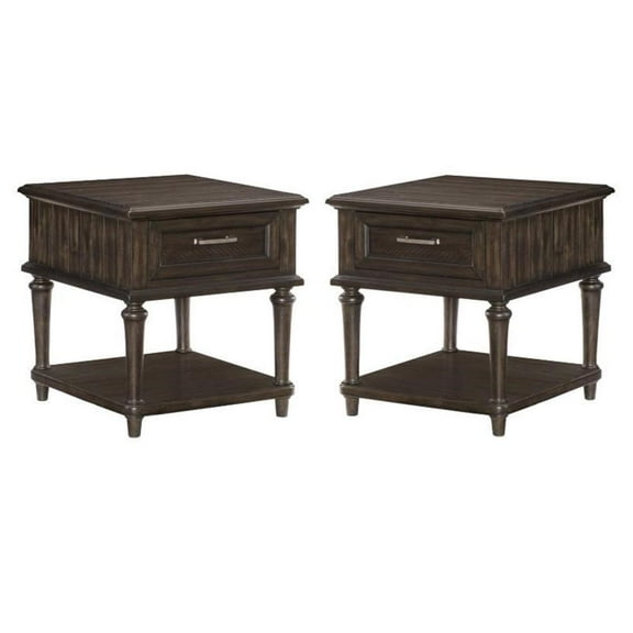 Home Square Wood 1 Drawer End Table in Driftwood Charcoal - Set of 2