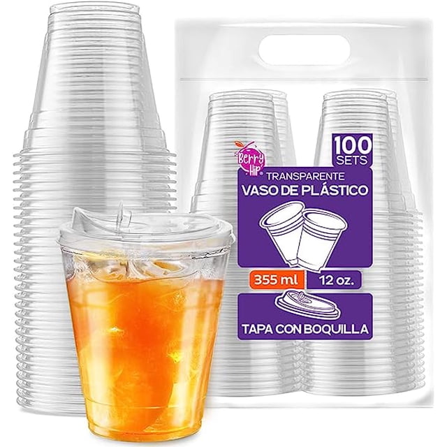 Berry Hip 100 Vasos de Plastico de 12 oz (355 ml) con Tapa con Boquilla Transparentes, Vasos Perfectos para Llevar Café, Chocolate, Bebidas Frias, Batidos Best Trading VTB12-2