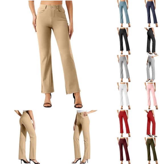 WomensPants Solid Color Office Trousers With Elastic Waist Straight Leg Comfortable for Work Breathable Beige L