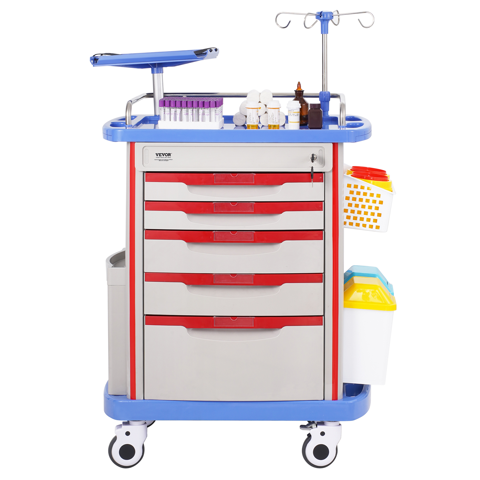 VEVOR 5 Tiers Lab Carts, Lab Utility Cart with 5 Drawers & 4 Silent Wheels, Mobile Medical Cart with PP Material, Lab Rolling Cart with 2 Trash Cans for Lab, Clinic, Hospital, Salon, Blue