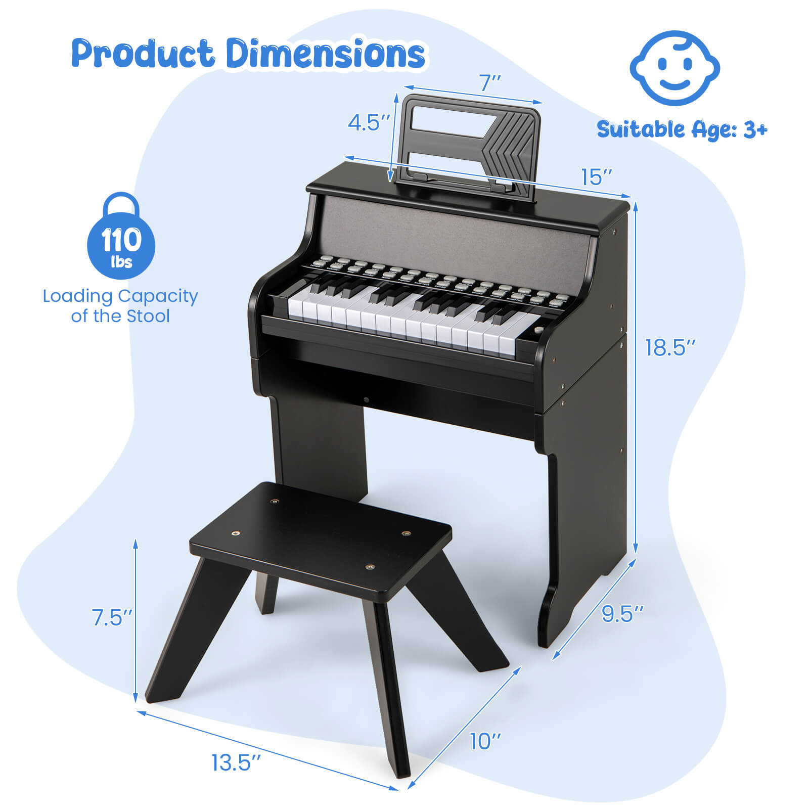 Infans 25 Keys Digital Piano w/Music Stand Stool Lighted Keys Teaching Mode for 3+ Kids