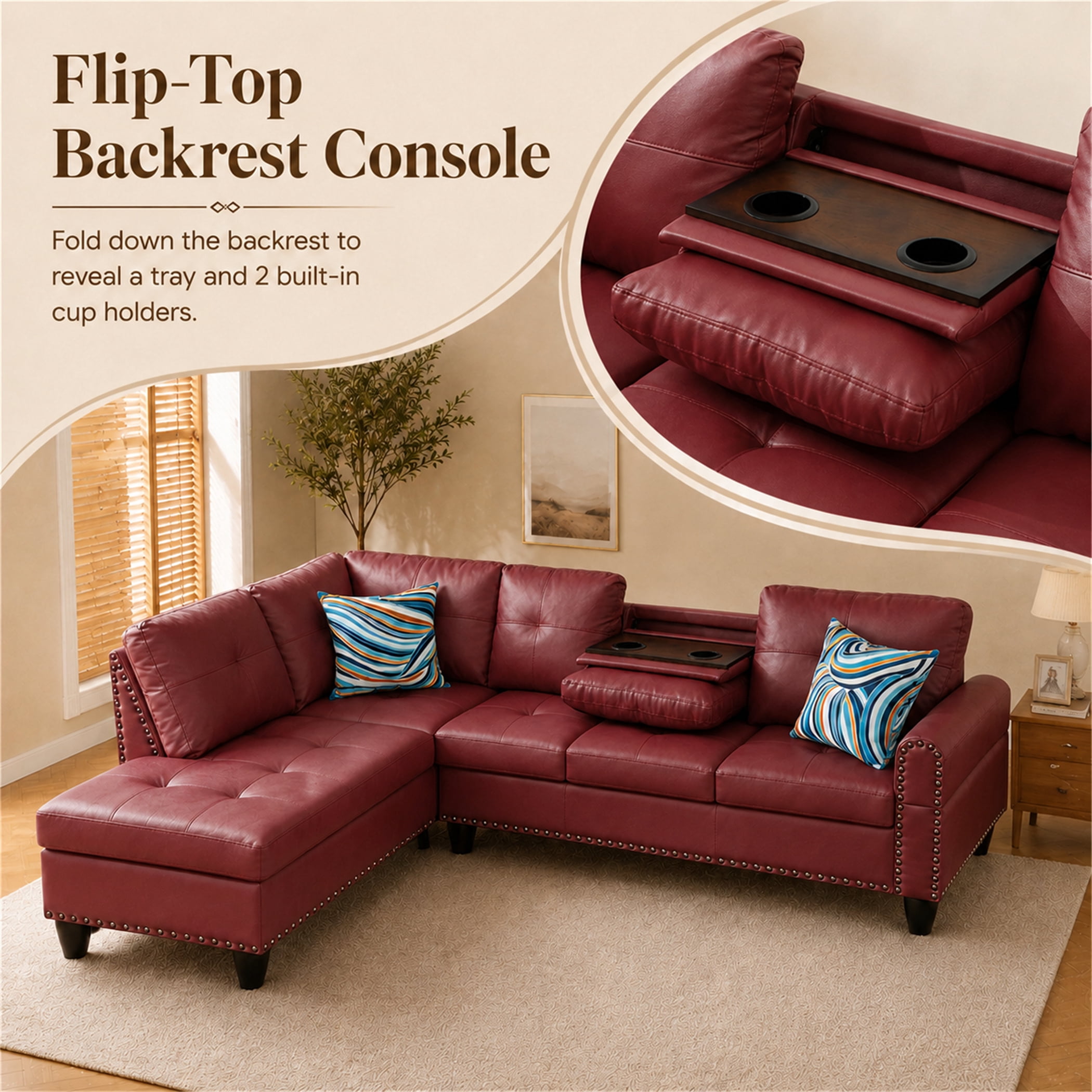 Aukfa 98" L Shaped Sectional Couch with Cup Holder Console, Tufted Back&Nailhead Trim, Oversized Left Chaise Leather Sofa for Living Room, Red