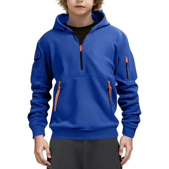 IVEYRTF Boys Half Zip Hooded Sweatshirt Long Sleeve Pullover Tops Kids Soft Lightweight Comfortable Loose Fits Solid Pocket Hoodie for Everyday Casual Wear(Blue,7 Years)