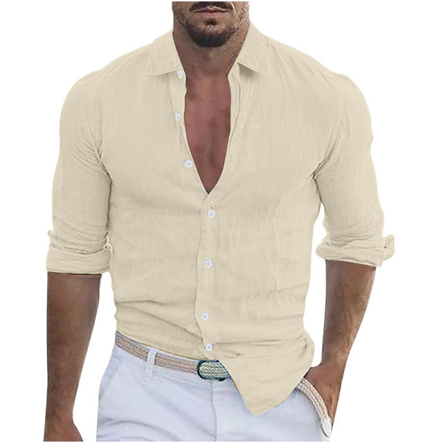 YanHoo Mens Linen Shirts Long Sleeve Button Down for Beach Wedding Summer Solid Casual Basic Button Up Shirts