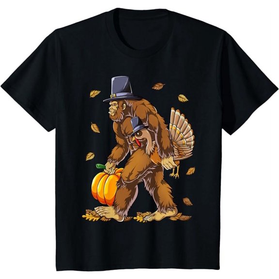 Bigfoot Pilgrim Turkey Pumpkin Thanksgiving Day Boys Men T-Shirt