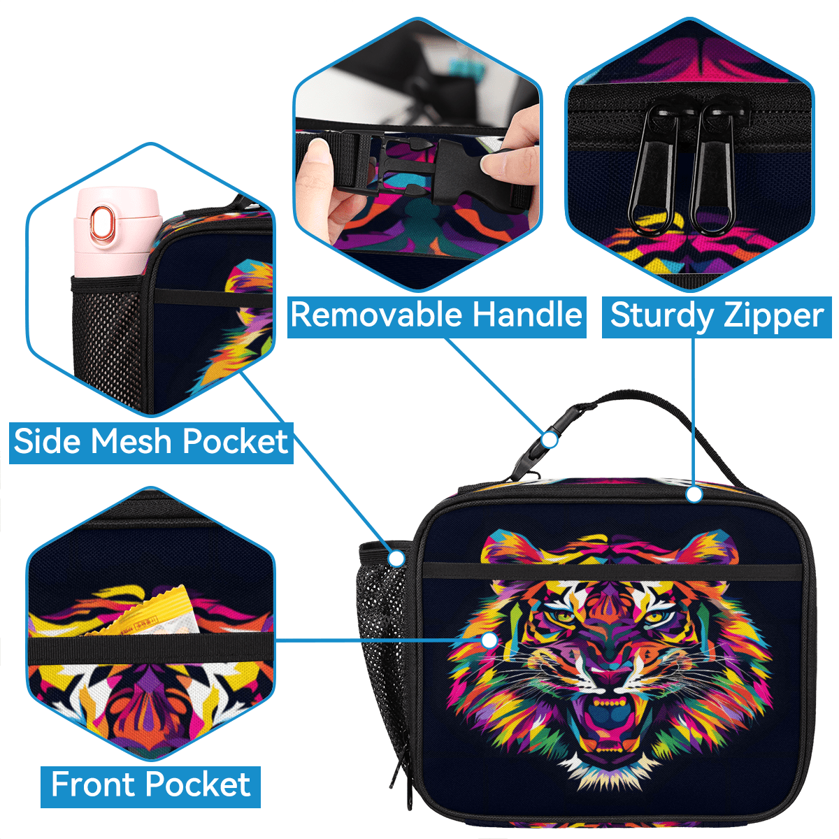 Herdesigns Tiger Large Backpack Set with Lunch Box Lightweight Water Resistant Travel Laptop Backpacks Casual Daypacks for Women Men