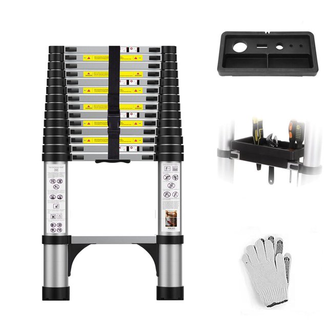BOWEITI 14.5 FT Telescoping Aluminum Extension Ladder with 2 Triangle Stabilizers and Tool Tray, Heavy Duty 330lbs Max Capacity, Multi-Purpose Collapsible Ladder for RV or Outdoor Work