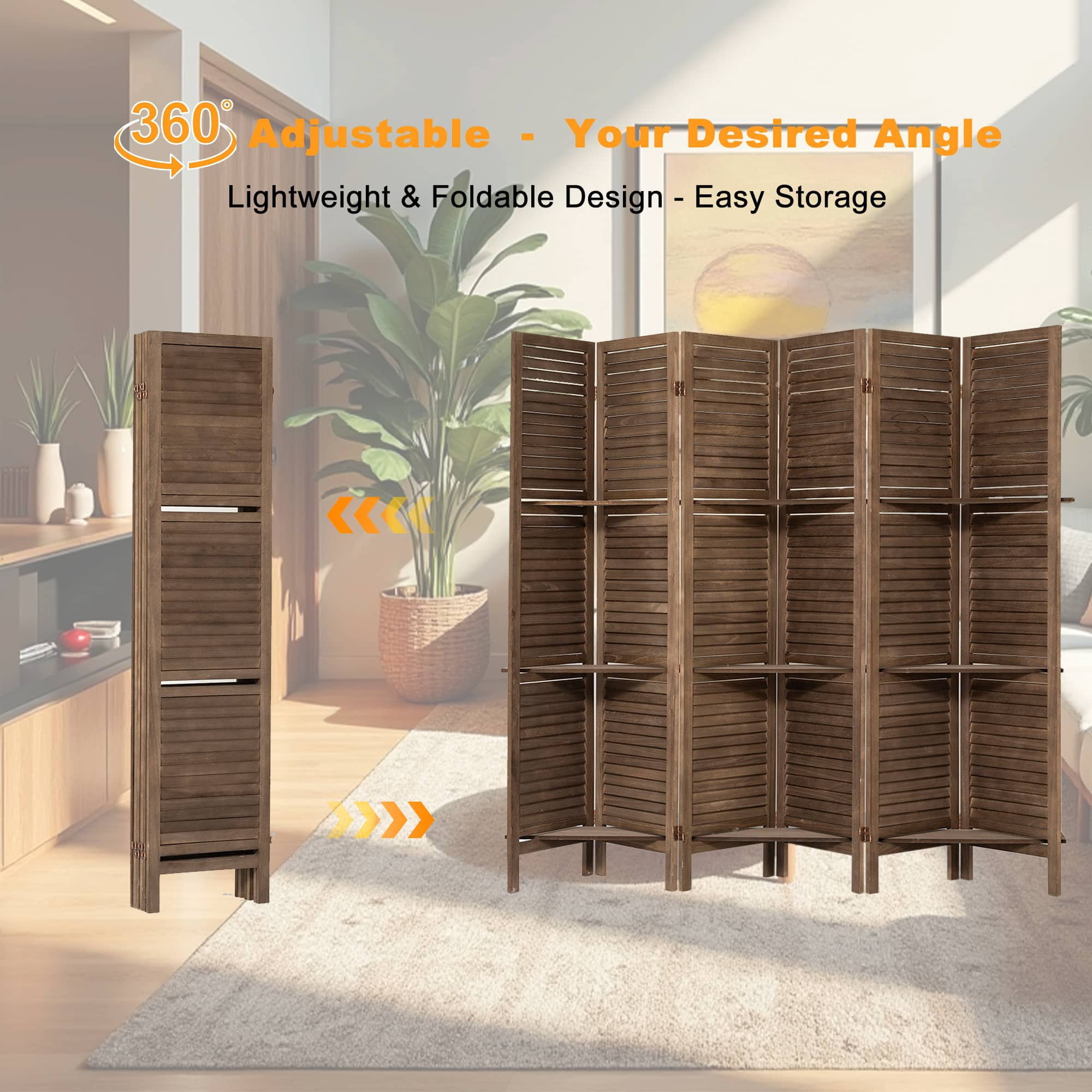 MAYEERTY 6 Panel Freestanding Room Divider, 5.6Ft Wood Privacy Screen with Shelves, Dark Brown
