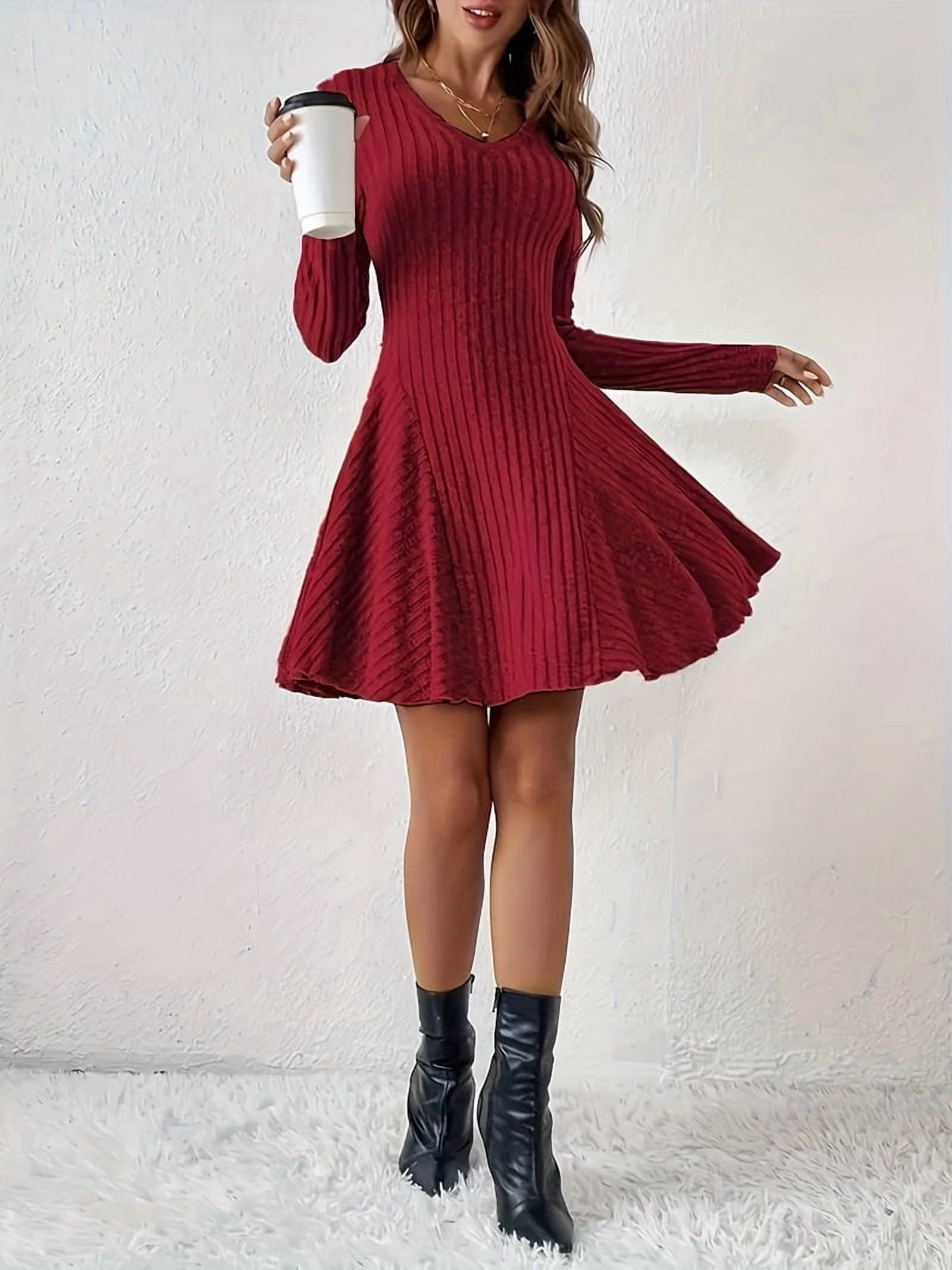 Women Long Sleeve Ribbed Knit Short Dresses Fall Winter V Neck Casual Swing A Line Sweater Dress