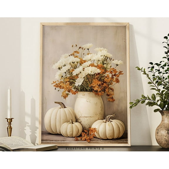 Vase And Pumpkin Still Life, Rustic Fall Art, Vintage Autumn Wall Print, Thanksgiving Print, Fall Decor Wall Art, Modern Wall Decor, 8x12 UNFRAMED